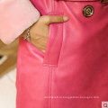 Розовый мода дамы овчины и ягненка кожи длинное пальто в стиле